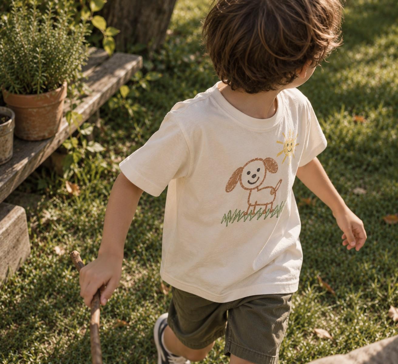 Copil purtând un tricou cu propriul desen